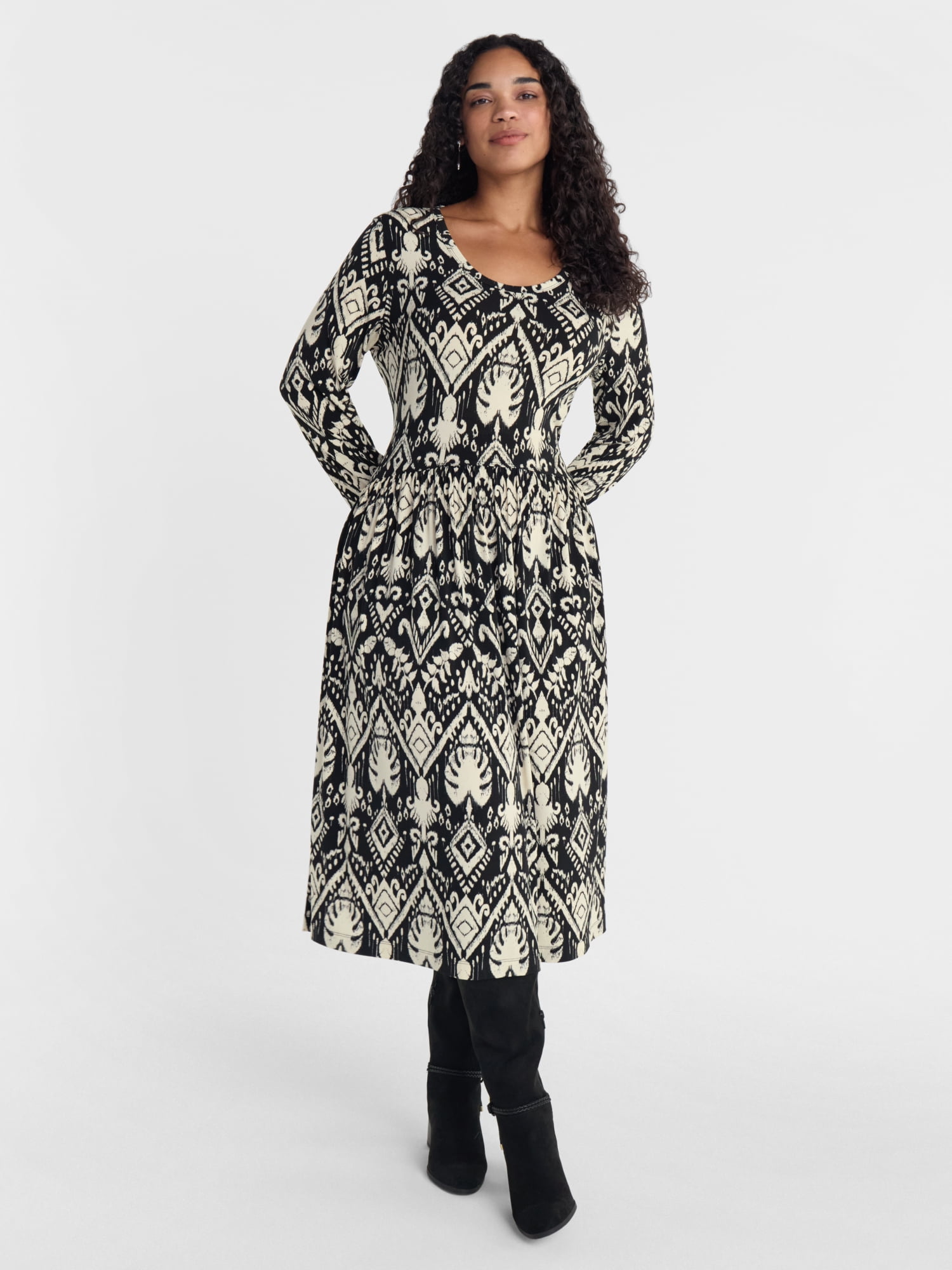 Scenario Women's Scoop Neck Midi Dress with Long Sleeves, Sizes XS-XXXL