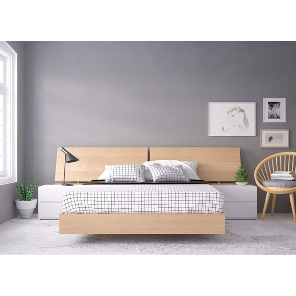 Nexera 400841 4-Piece Bedroom Set With Bed Frame, Headboard & Nightstands, Queen|Natural Maple & White