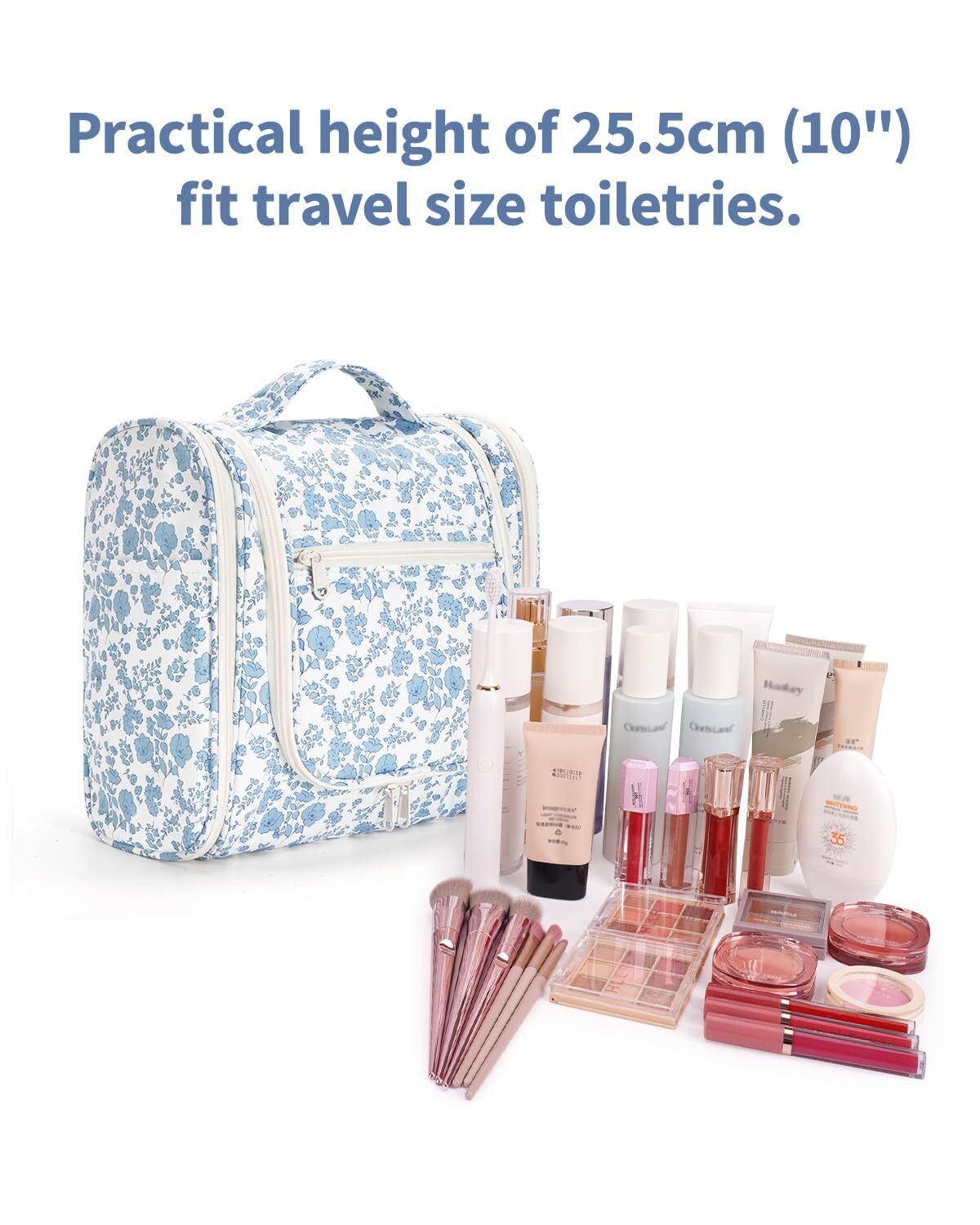 Narwey Travel Bags for Women Hanging Toiletry Bag with Hook Makeup Organizer Large Cosmetic Bags for Men Travel Essentials, Blue Flower