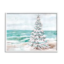 Snowy Christmas Tree Beach Shore Holiday Painting White Framed Art Print Wall Art