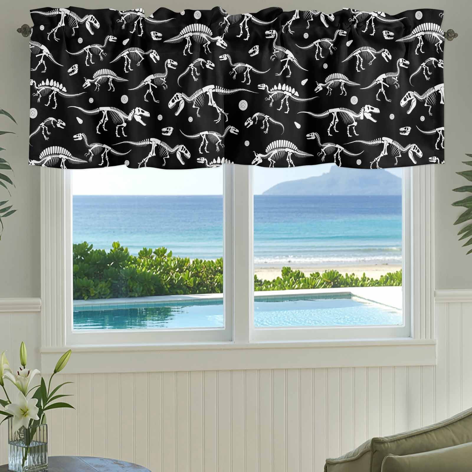 Halloween Dinosaur Black Kitchen Valances for Windows, Funny Dino Skull Boys Girls Children Bathroom Window Valances 60x18 Inch Window Treatments Valance Curtains for Living Room Bedroom Decor