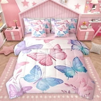 Homewish Besuty Butterfly 7pcs Bedding Comforter Set,Flying Animal Queen Bedding Sets,Dreamy Pink Blue Queen Sheet Sets For Girls Kids,Breathable Home Decor Reversible