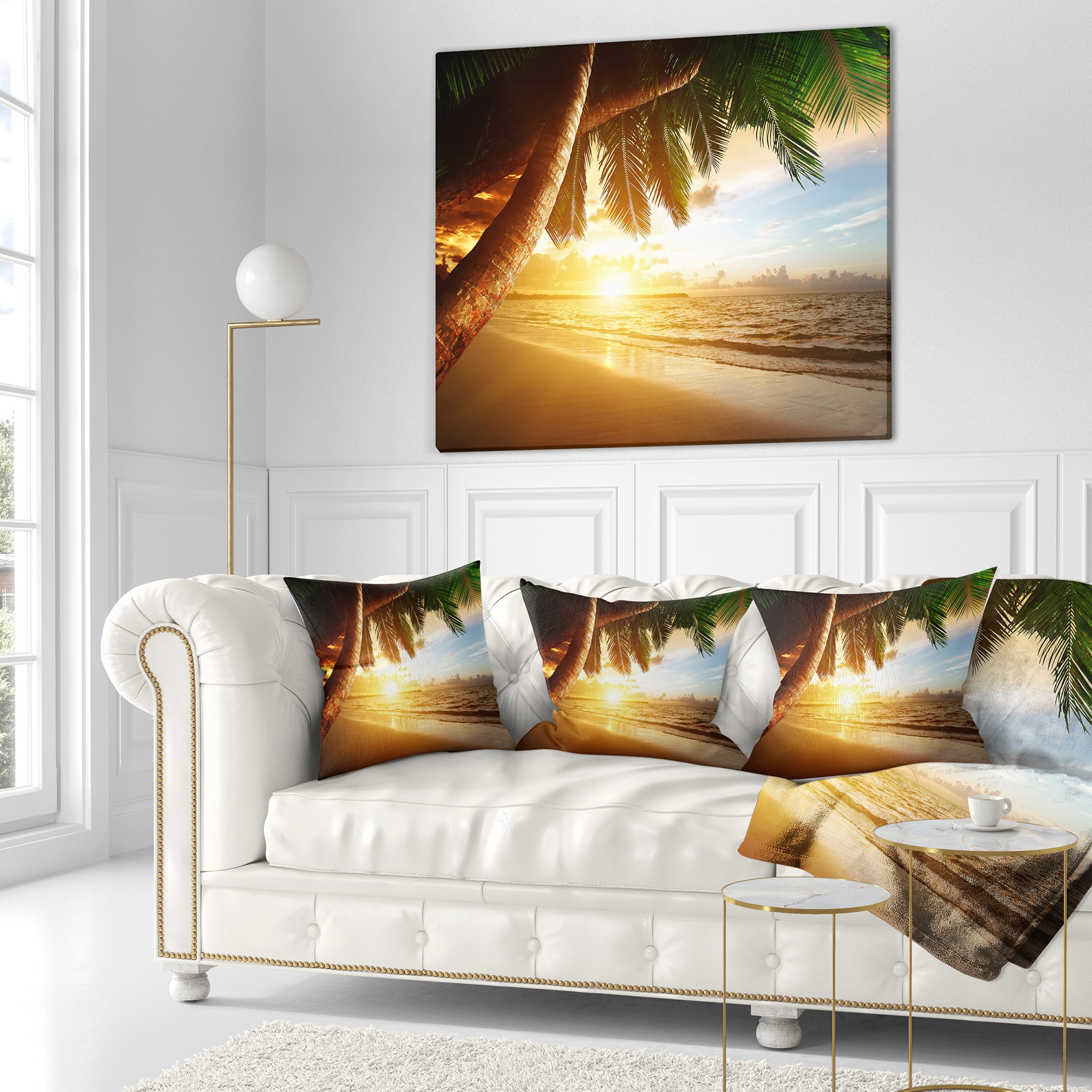 Designart Beautiful Beach under Palms - Modern Seashore Throw Pillow - 18x18