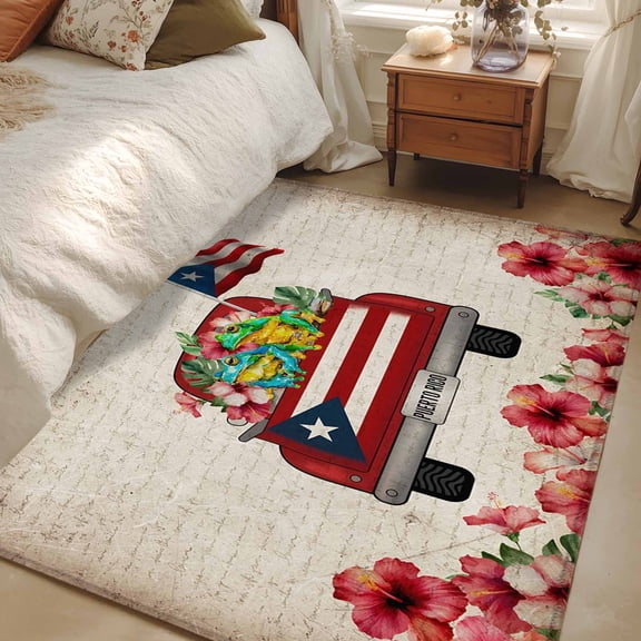 Area Rug for Living Room, Puerto Rican Flag Non-Slip Indoor Large Carpet for Bedroom/Dining Room, Vintage Country Truck Flowers Beige Washable Low-Profile Rectangle Floor Mat Runner Rugs - 3 x 5 Ft