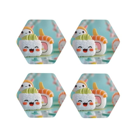 

Gaeub Kawaii Sushi Characters Delight Print 4 Pcs Leather Coasters for Drinks Drink Coasters Sets Drink Table Cup Coasters for Living Room Kitchen Coffee Decor-Hexagon