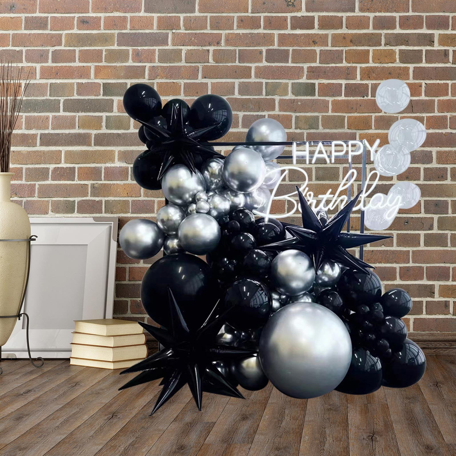 105Pcs Black Sil-ver Birthday Party Balloons Decor, Happy Birthday Theme Indoor Outdoor Ambience Sense Background Decoration