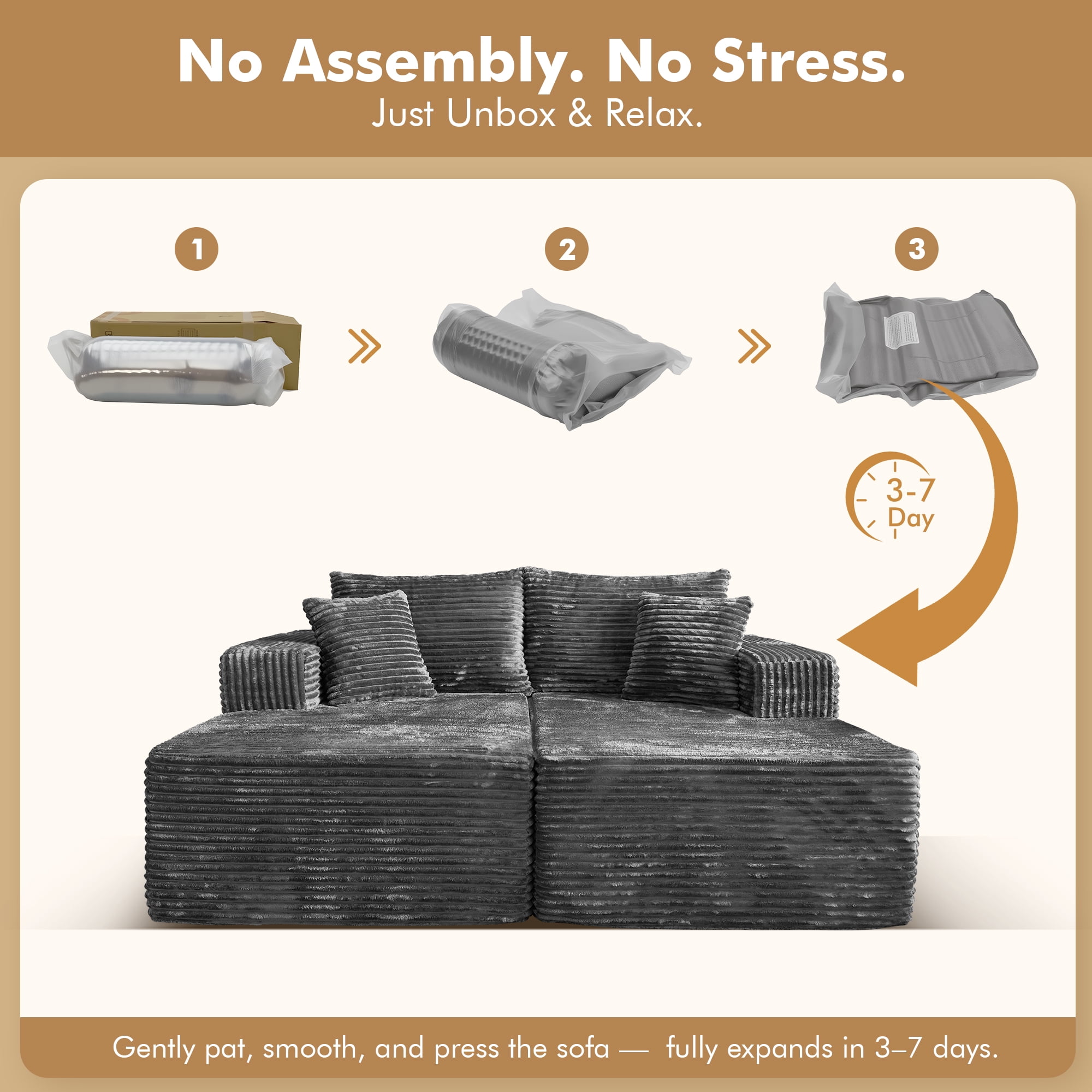 XIZZI Oversized Chaise Lounge Chair Indoor Double, Modular Sectional Sofa with Plush Corduroy, Sleeper Sofa Boneless Couch for Living Room Bedroom, No Assembly Required, Gray