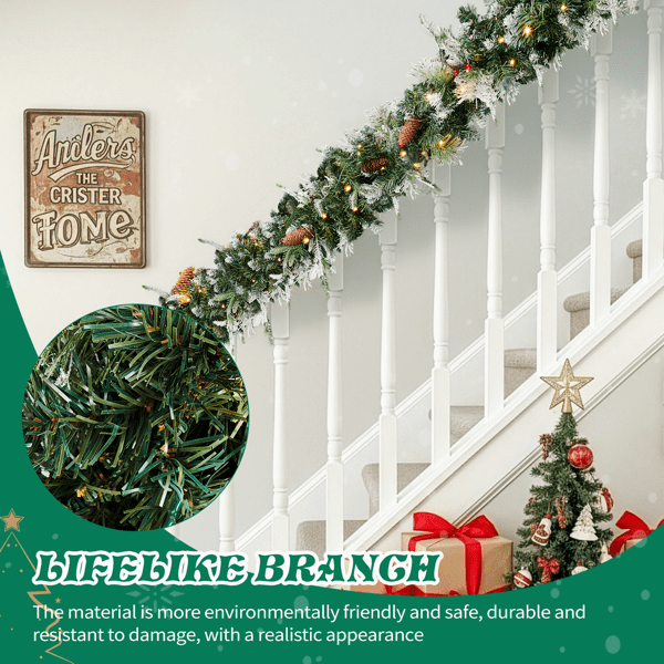 2-Pack 9FT Pre-Lit Snow Flocked Christmas Garlands, 440 Branch Tips, 200 Warm White LEDs for Indoor/Covered Outdoor (Mantel/Staircase)