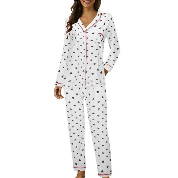 DuoJiaJ Women Casual Lapel Button Print Two Piece Long Sleeve Pajamas Pajamas Suit Cotton Nightwear For Women White