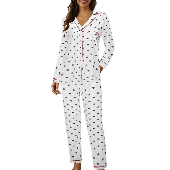 DEXIANG Women Casual Lapel Button Print Two Piece Long Sleeve Pajamas Pajamas Suit Silk Womens Pajamas Set Womens Winter Pajamas Womens Lightweight Pajamas Set Soft Set Women's Sleepwear Body Aware