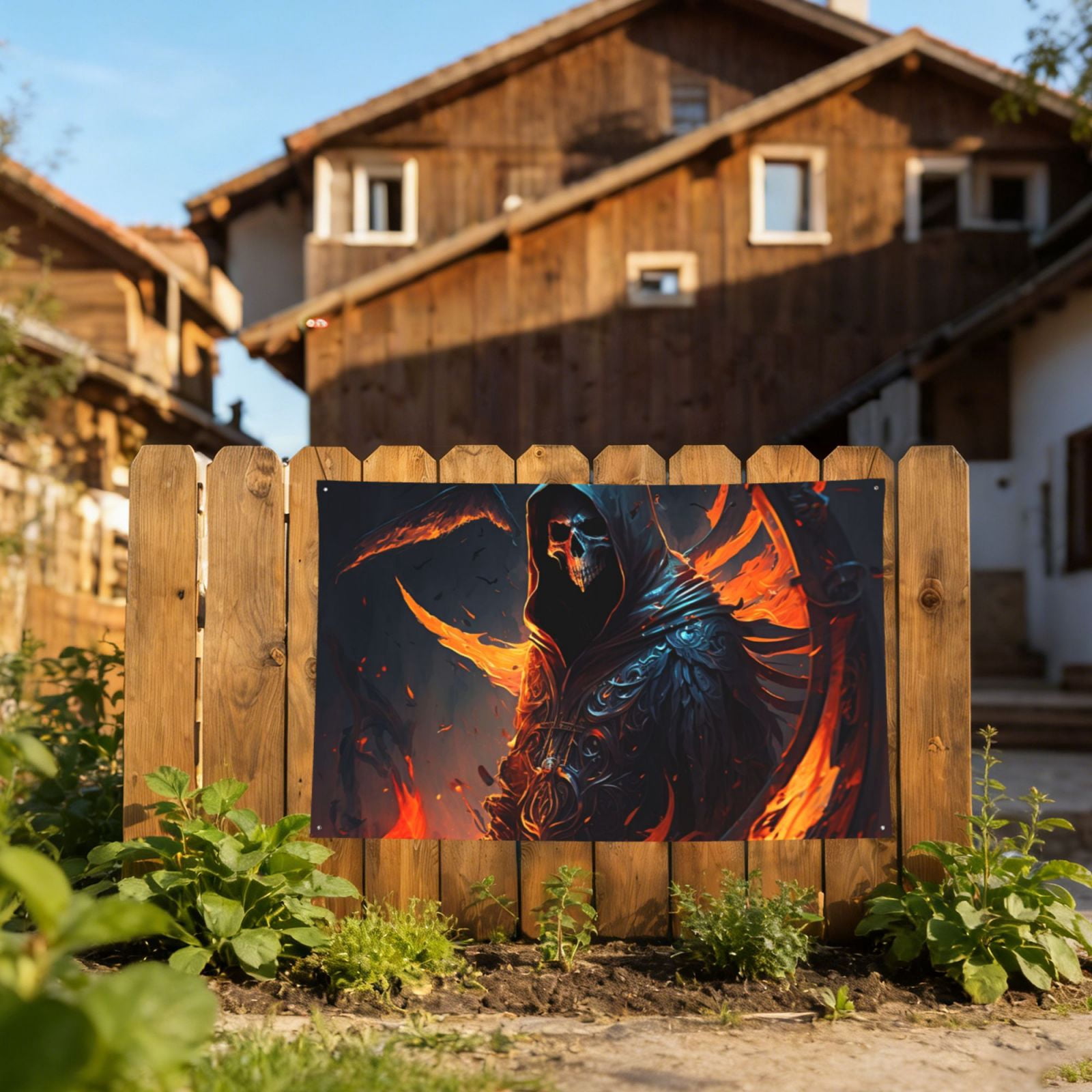 Grim Reaper On Fire Burning Four Hole Decorated Banner Flag for Garden Yard Home Decoration Indoor Outdoor 4x6 Ft