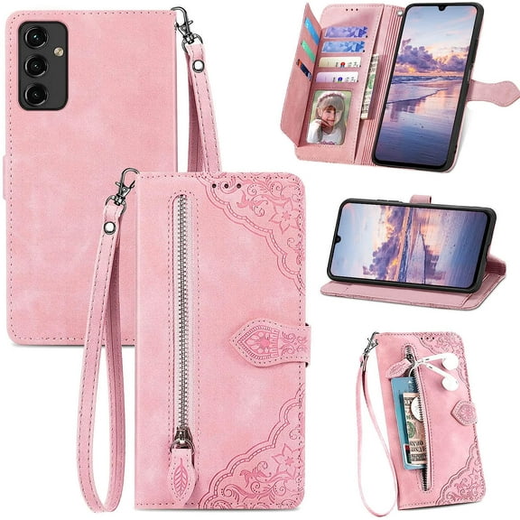 Designed for Samsung Galaxy A14 Case Wallet,Galaxy A14 Wallet Case for Women,Embossed PU Leather Protective Cover Magnetic Strap Zipper Card Holder Flip Phone Case for Samsung A14 5G(2023) (Rose Gold)