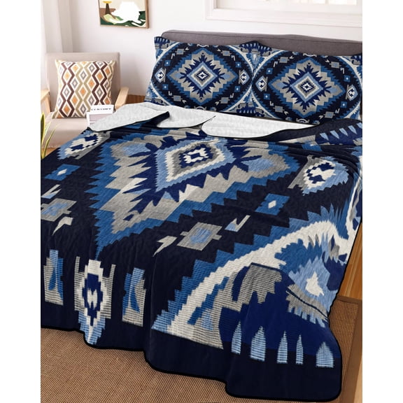 Boho Navy Blue Grey Twin Size Down Alternative Comforter,Lightweight Comforter Quilt Bedding Set with Pillow Shams Ethnic Geometric Southwestern Vintage All Seasons Bed Comforter Duvet Insert 68"x86"