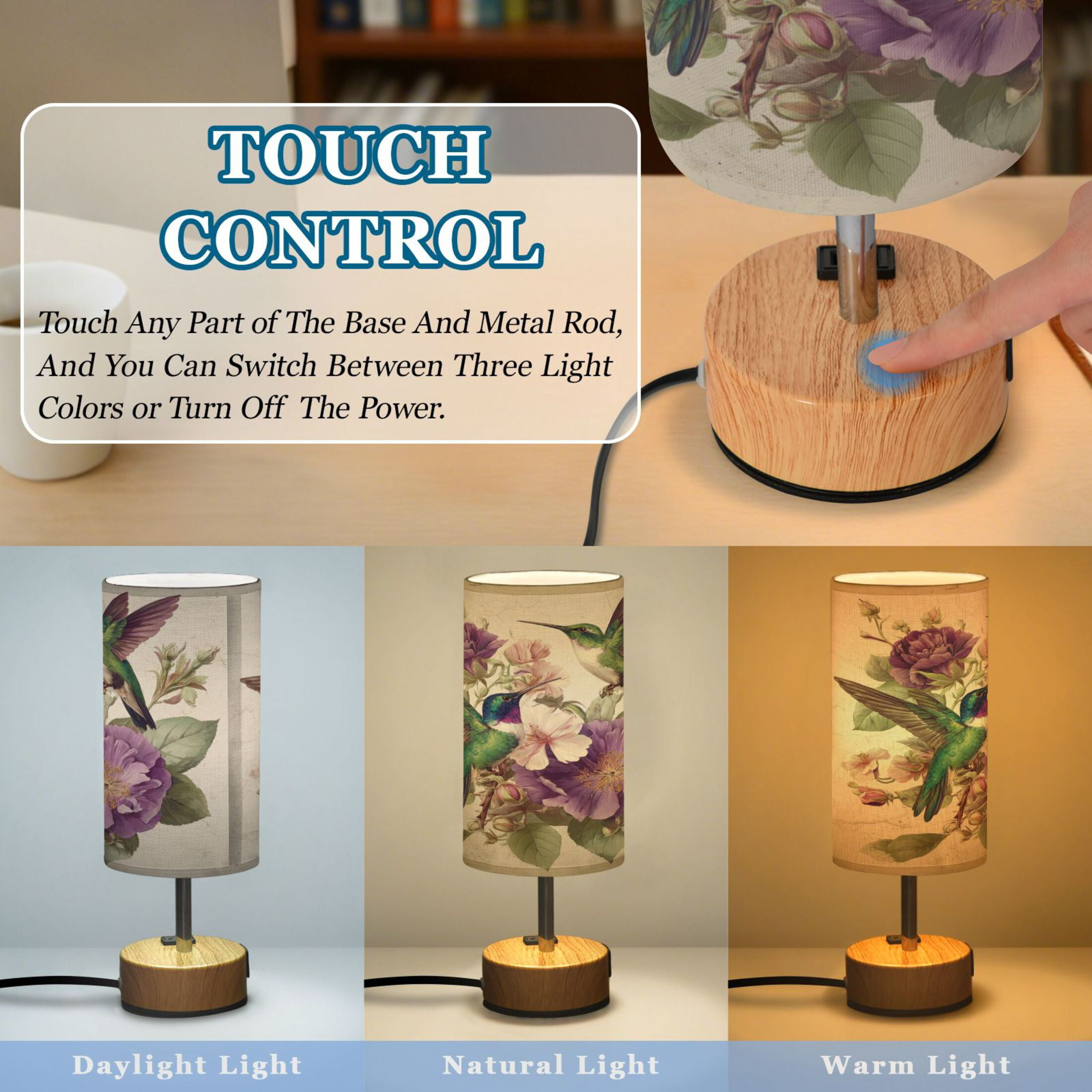 Touch-Control 3-Color Desk Lamp with Plug – Energy-Saving LED + 3 Simultaneous Charging Ports Two Vintage Hummingbirds