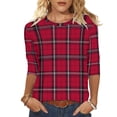thumbnail image 2 of HOMBOM Red Shirts for Women Plaid Christmas Outfits Plus Size Merry Christmas 3/4 Sleeve Females T Shirts, 2 of 7