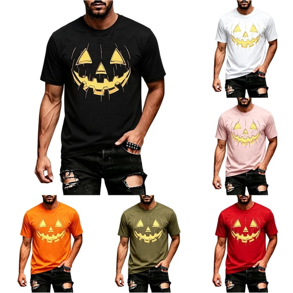 ZXLBBD Mens T-Shirts Halloween Pumpkin Theme Printed Short Sleeve Graphic Tee Crew Neck Loose Soft Party T-Shirts for Man Dailywear,Black,L