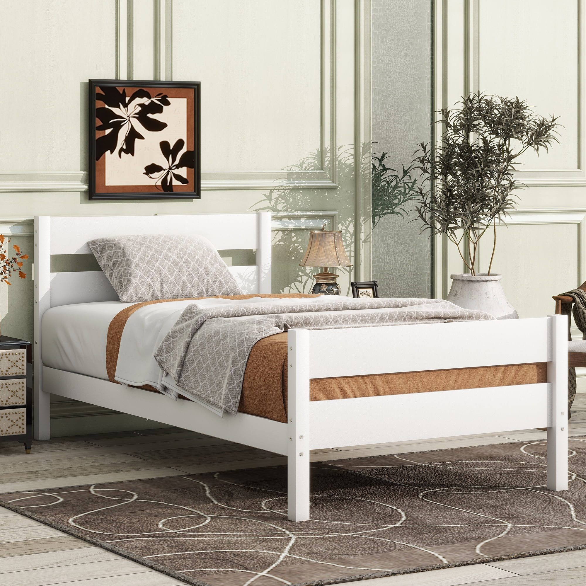 Twin Size Rubber Wood Platform Bed Frame with Headboard & Footboard, 10 Plywood Slats Support, No Box Spring Needed, Under Bed Storage, 250LBS Capacity for Small Bedroom