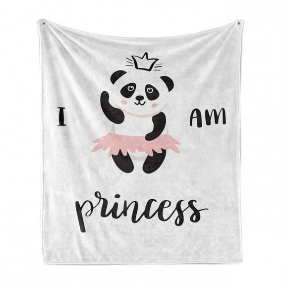I am a Princess Soft Flannel Fleece Blanket, Funny Ballerina Panda Bear Dancing in Pink Skirt Baby Kids Girls, Cozy Plush for Indoor and Outdoor Use, 60" x 80", Black and White Rose, by Ambesonne