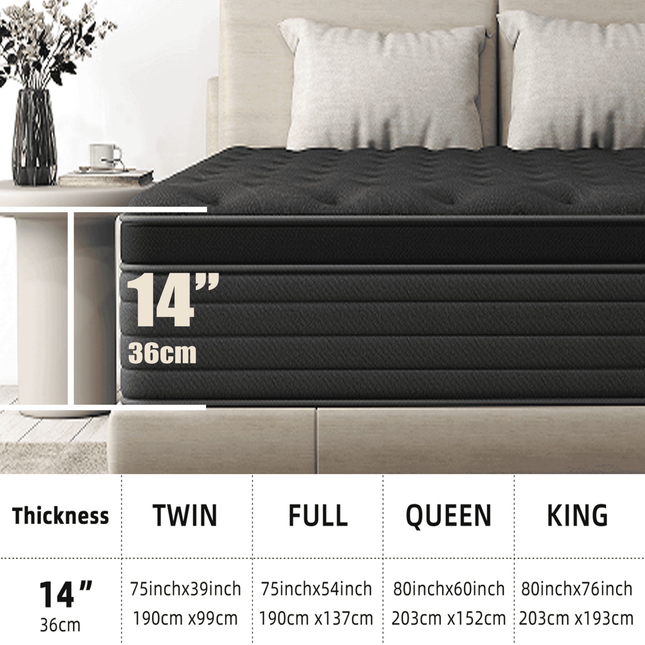 SILENCE MANGO 14 Inch Twin Size Euro Top Hybrid Mattress, Medium Firm, Grey, Bed in a Box, Individual Pocket Springs, Back & Lumbar Support, Motion Isolation, Pressure Relief