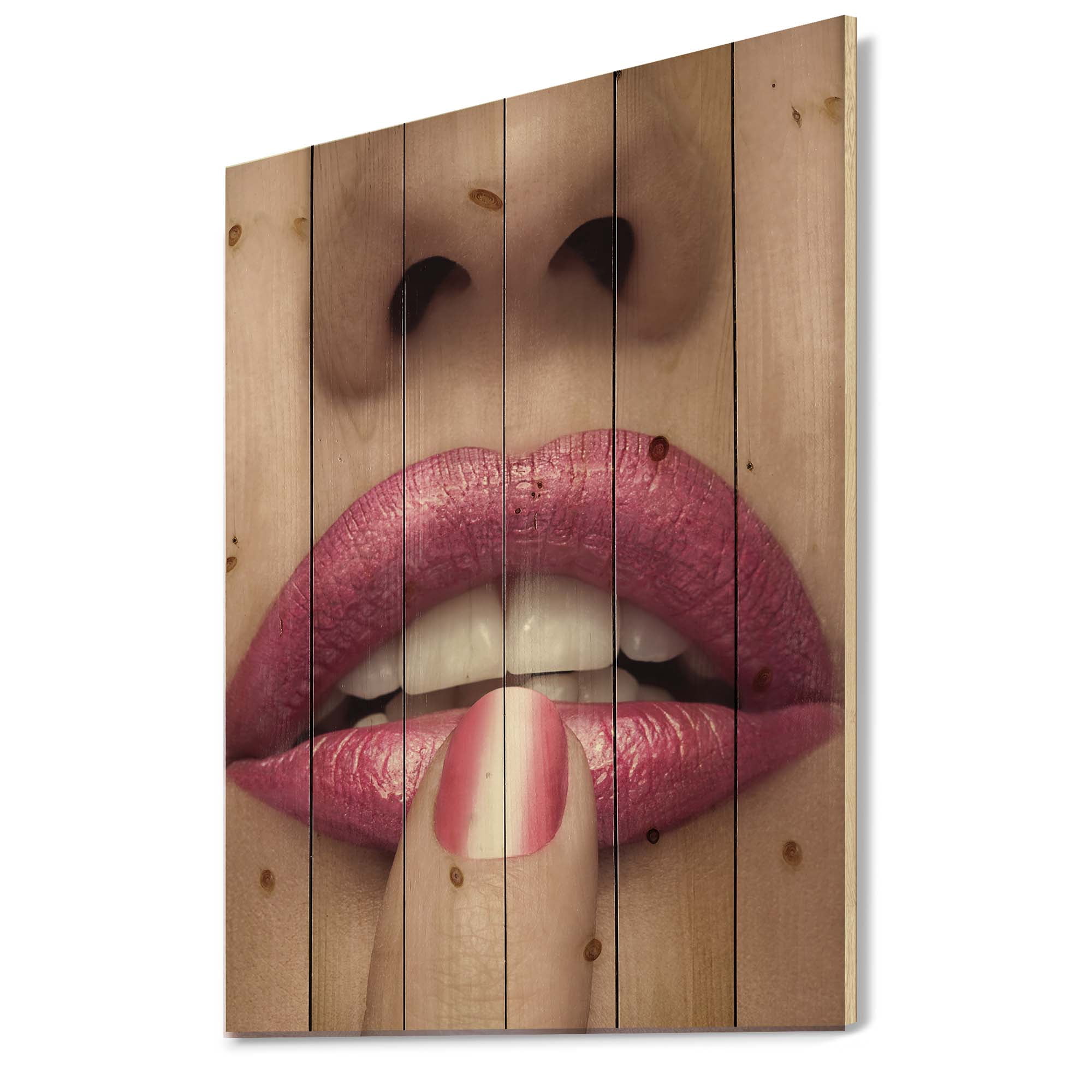 Designart 'Pink Female Lips With Finger On Mouth' Modern Print on Natural Pine Wood