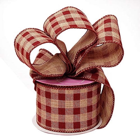 Burgundy Gingham Ribbon Wired Burlap - 2 1/2" x 10 Yards, 4th of July, 250th Anniversary USA, Spring, Wedding, Rustic Decoration, Wreath, Gift Wrap, Garland, Bows, Patriotic, Fall, School Graduation