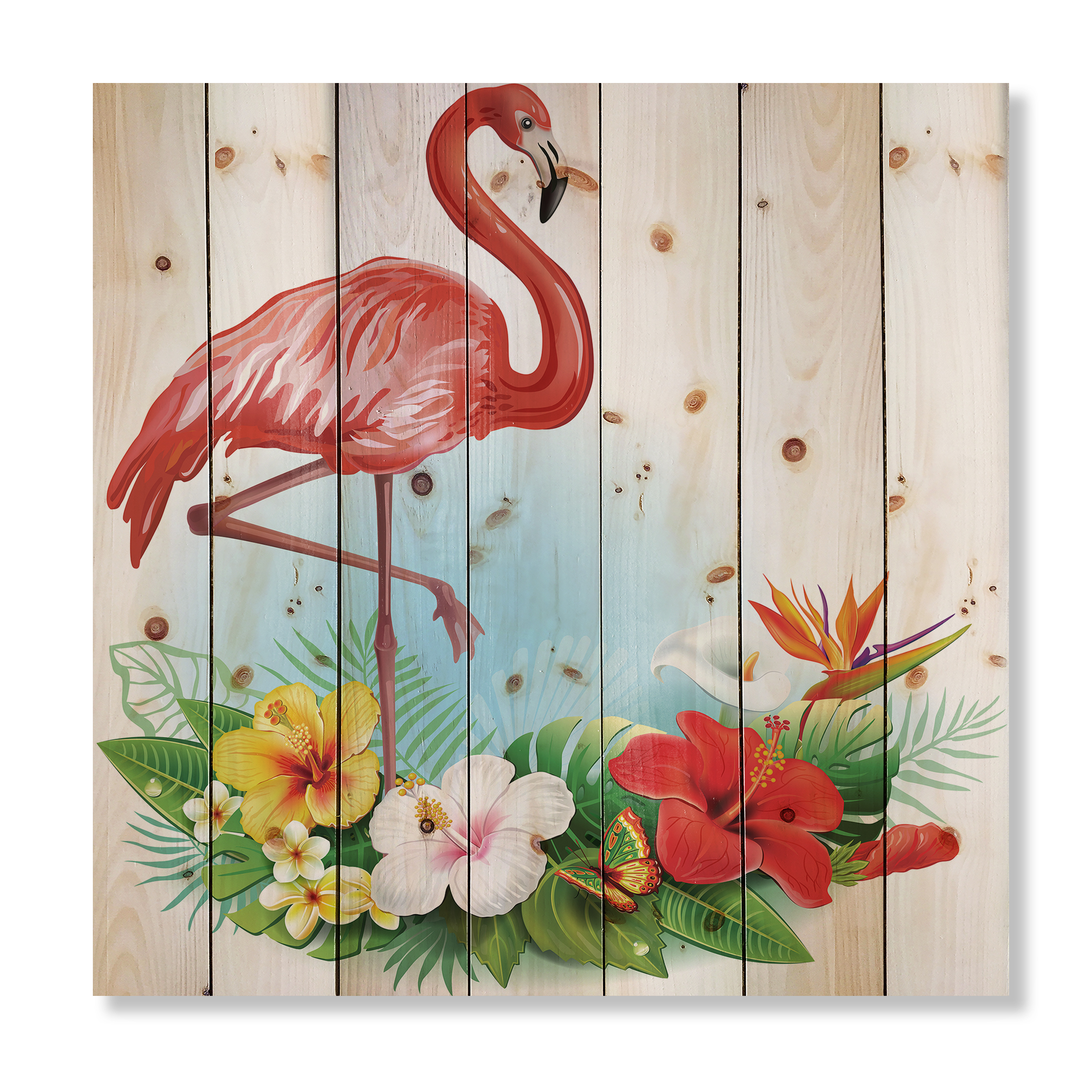 Designart 'Arrangement with Flamingo and Tropical Flowers' Traditional Print on Natural Pine Wood