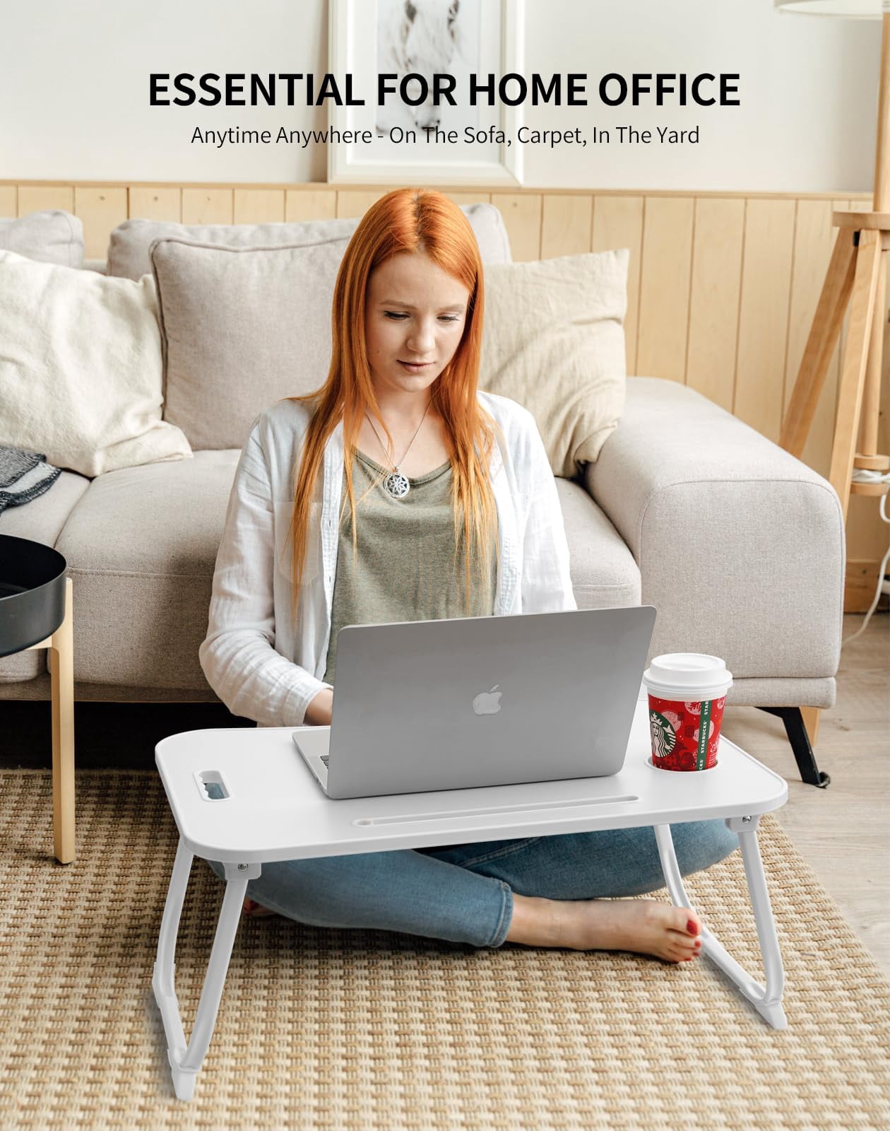 Laptop Bed Desk  Foldable Lap Portable Table Stand With Cup Holder & Tablet Slot Lifting Handle For Working Writing Drawing Eating - White