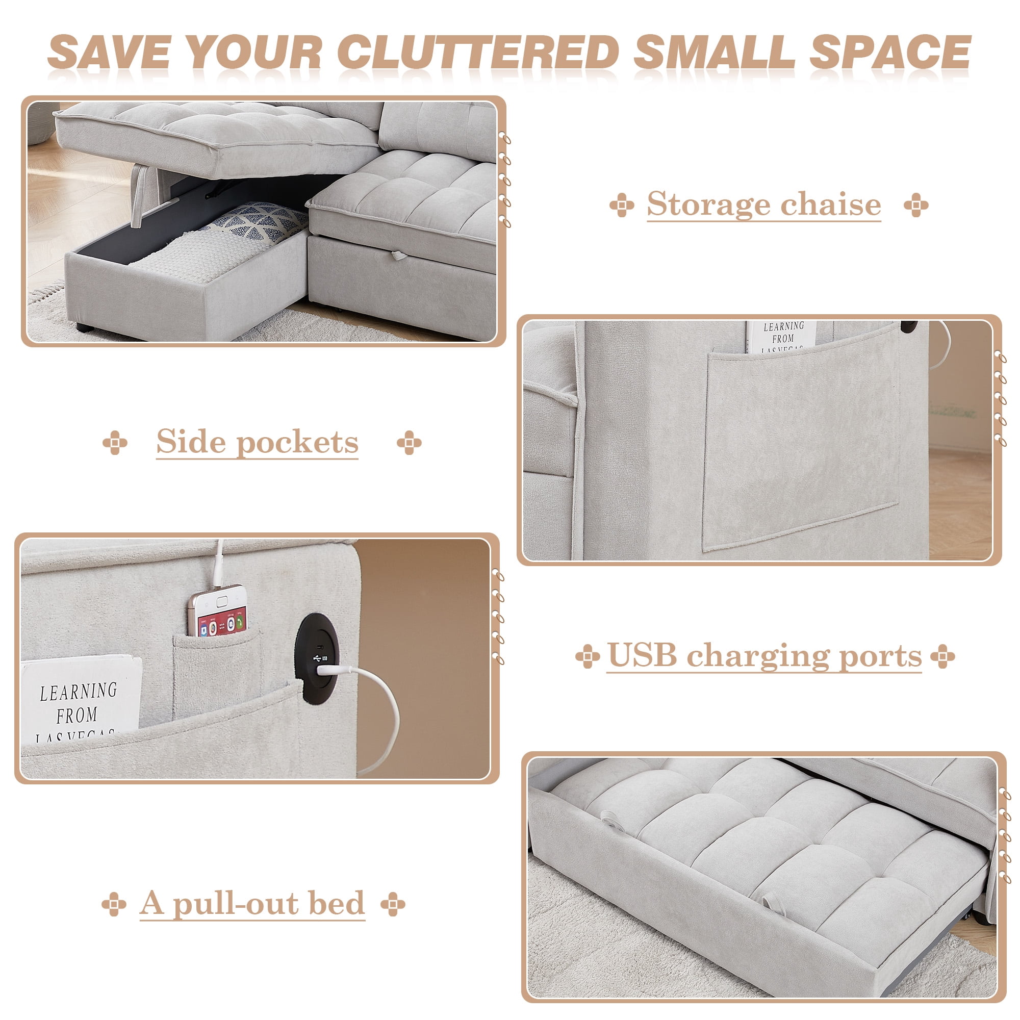 Lunale Convertible Sofa Bed with Reversible Storage Chaise, Sleeper Sectional Sofa with USB Charging Ports, L-Shaped Sectional Sofa for Apartment, Light Gray Chenille