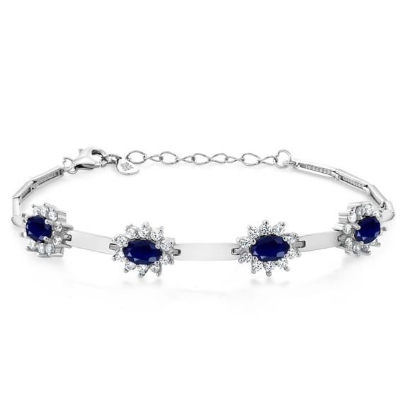 Gem Stone King 925 Sterling Silver Blue Sapphire and White Created Sapphire Bracelet for Women (3.82 Cttw, Gemstone September Birthstone, Oval 6X4MM, 7 inch 1 inch Extender)