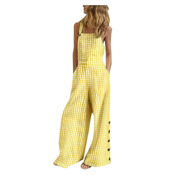Giftesty Jumpsuit for Women Clearance,Women Sleeveless Overalls Jumpsuit Casual Plaid Print Summer Wide Leg Bib Pants