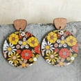 thumbnail image 3 of Colorful Flower Print Wood Round Geometric Statement Earrings Ethnic Jewelry, 3 of 8