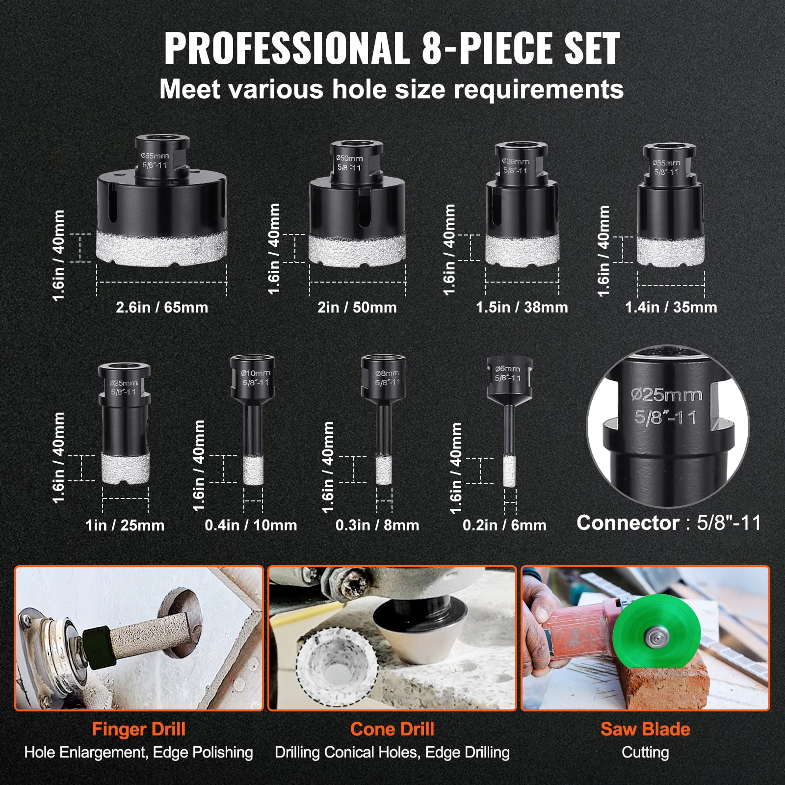 KFFKFF 8 PCS Diamond Core Drill Bit Set 6/8/10/25/35/38/50/65mm Diamond Hole Saw