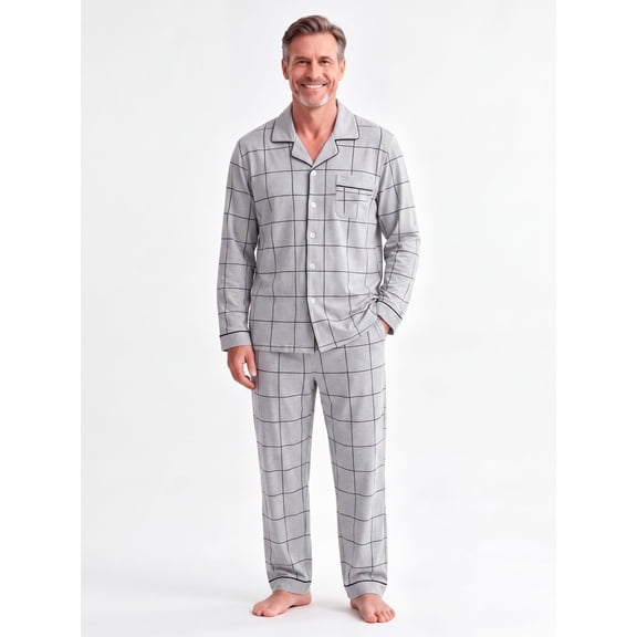 CHAOJISHE Men's Sleepwear Mens Long Sleeve Pajama Set Sleepwear Comfy Loungewear Lightweight Button Down Nightwear with Pants color GRAY,size:L