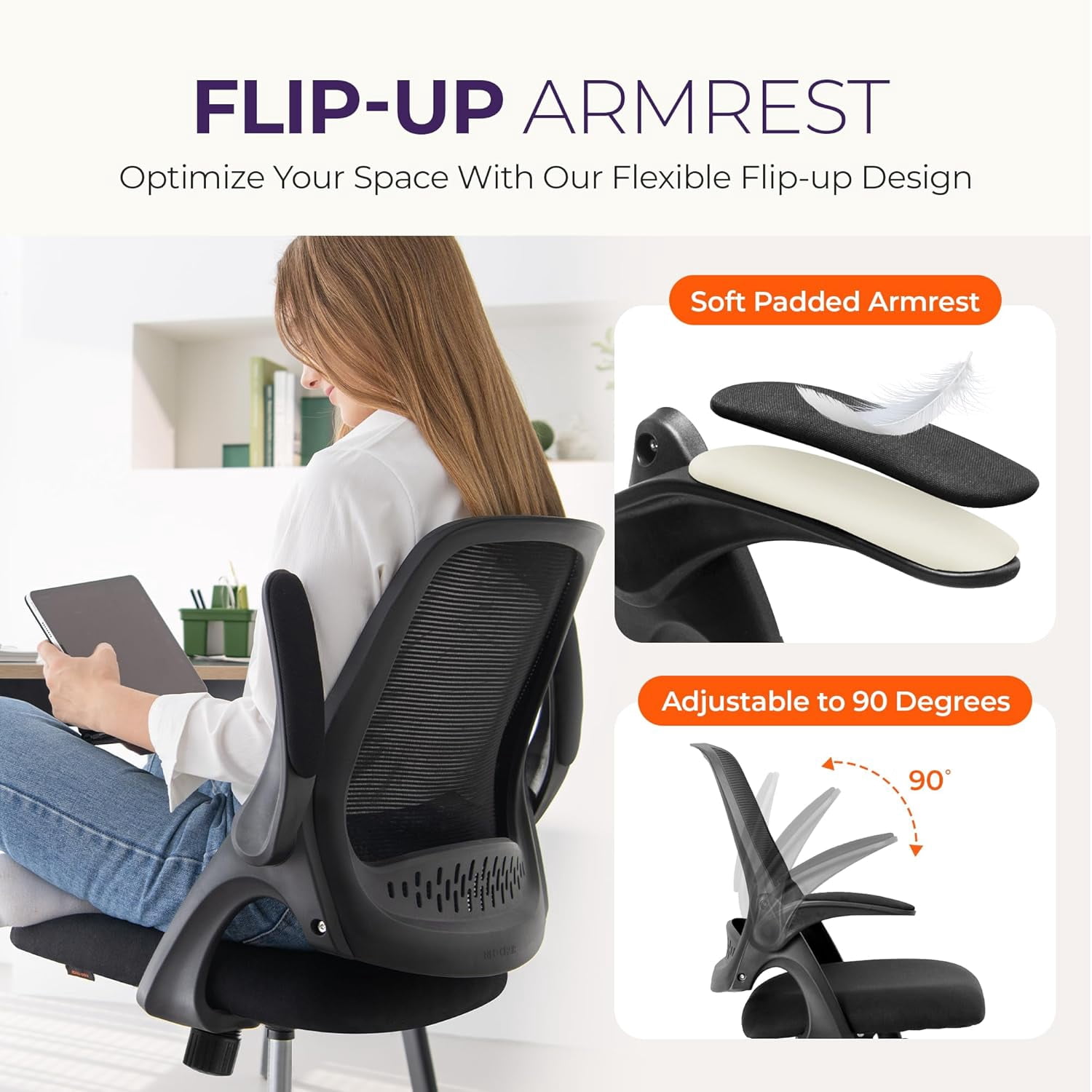 NEO CHAIR Office Desk Chair Computer Gaming Ergonomic Lumbar Back Support with Flip-up Padded Armrest Adjustable Height and Wheels for Home Vanity Bedroom Study (All Black)