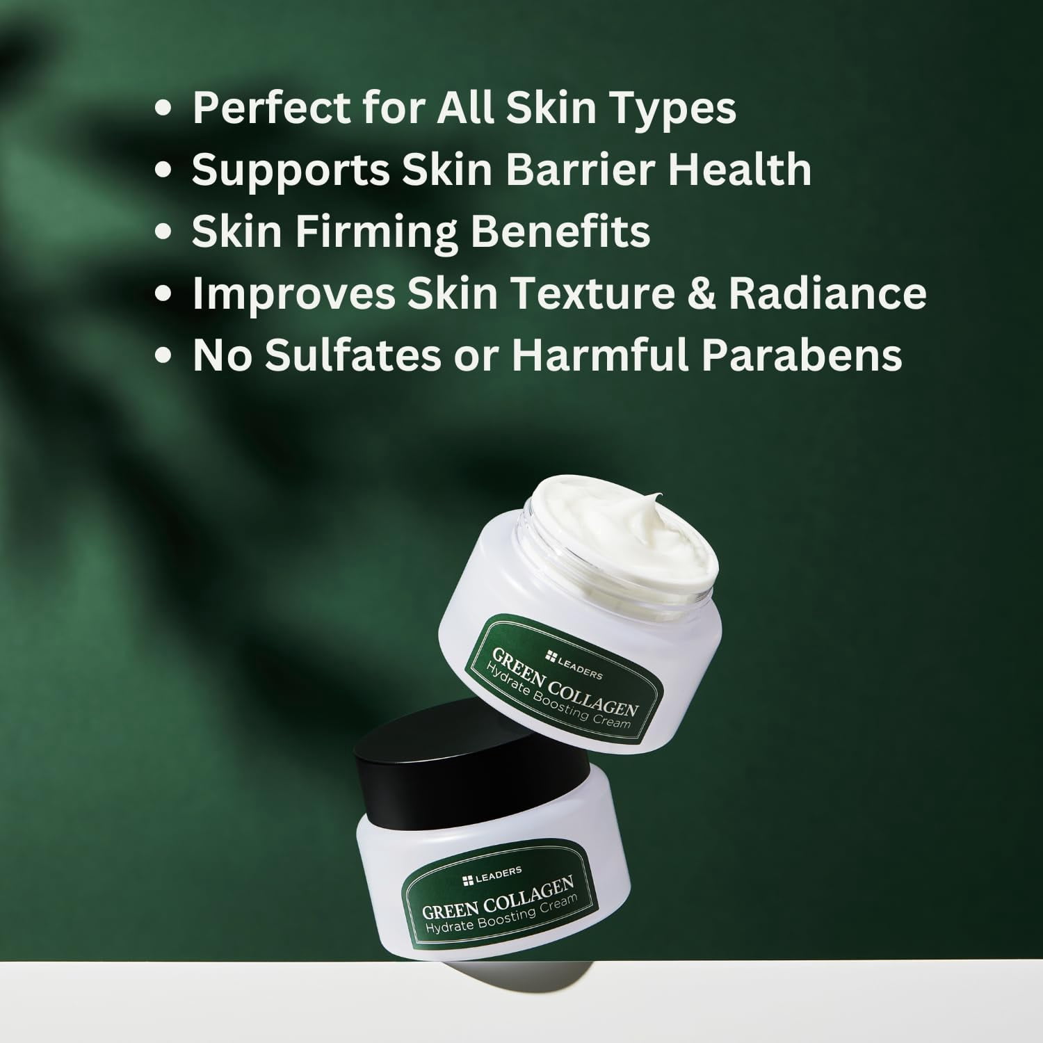 LEADERS Green Collagen Hydrate Boosting Cream – Vegan Moisturizer for Deep Hydration, Skin Elasticity, Firmness, & Anti-Aging – Plant-Powered Collagen Formula, Wrinkle Reduction, Skin Renewal – 50ml
