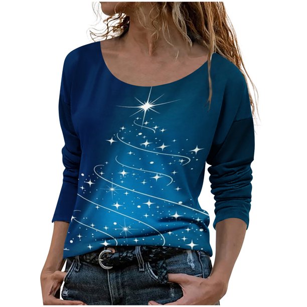 Blusa de manga larga con cuello redondo y estampado de árbol de Navidad para mujer Pompotops FGAJ12497