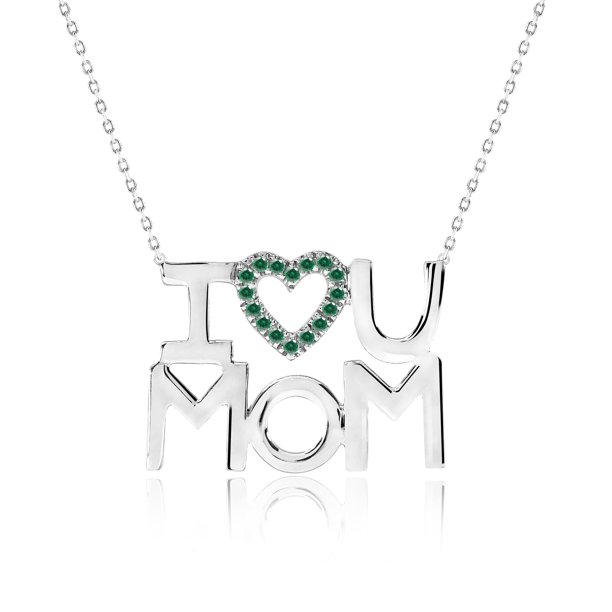 JeenMata Collar con Colgante de Corazón Abierto Adornado con Piedra Verde Oscuro Te Amo Mamá en Oro Blanco de 18 K sobre Plata - Piedra de Nacimiento de Mayo - Regalo para Mamá