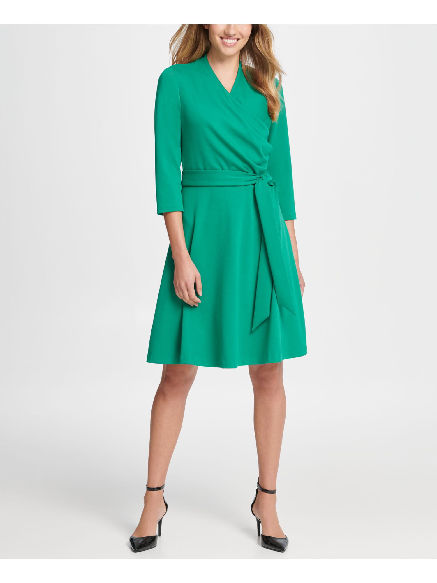 DKNY - DKNY Womens Green Belted 3/4 Sleeve V Neck Above The Knee Wrap