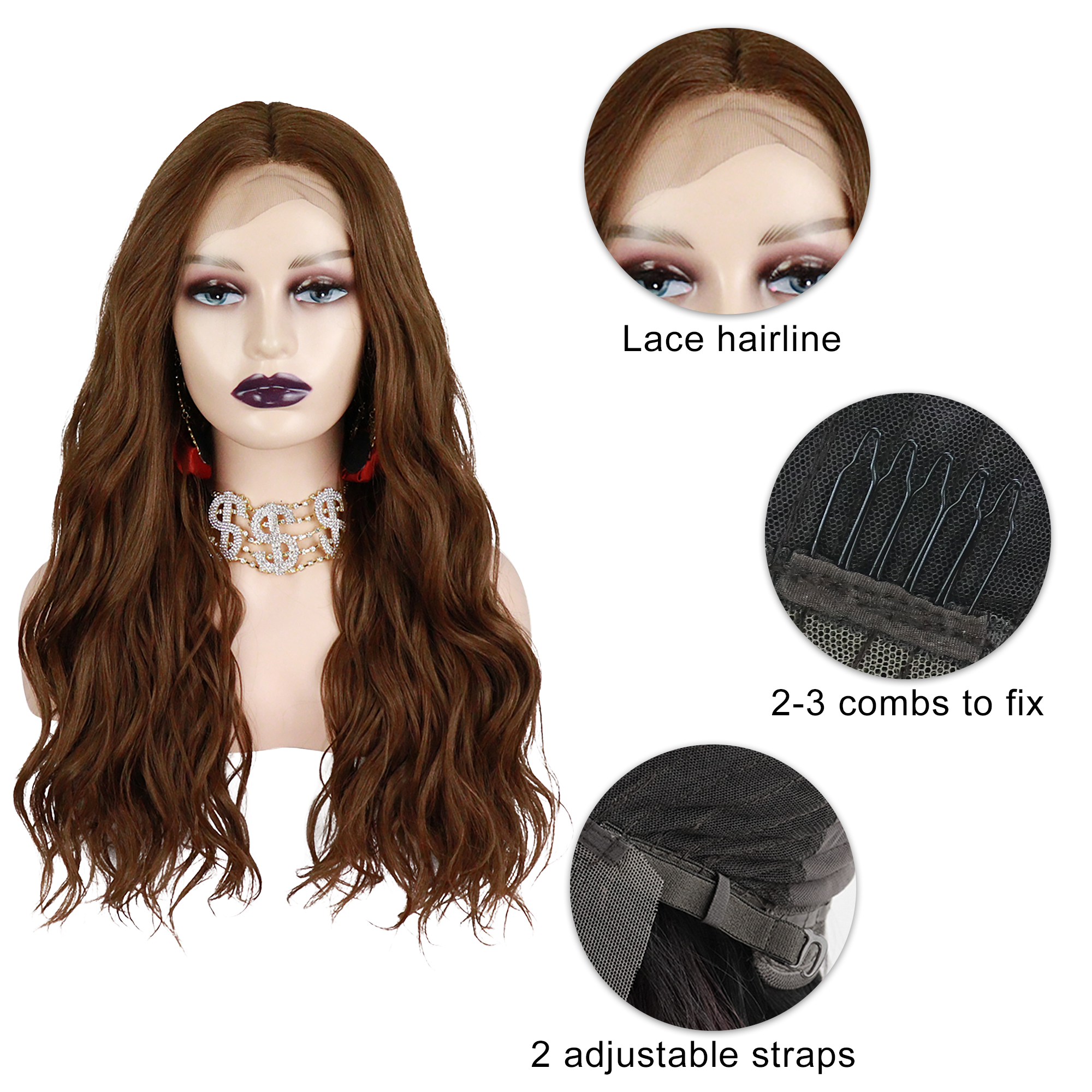 Unique Bargains Lace Front Wigs Long Body Wave with Comb Light Brown