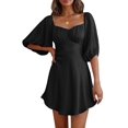 thumbnail image 3 of Womens Summer Dresses Square Neck Tie Back Lantern Sleeve Ruffle A-Line Casual Dress Black L, 3 of 9