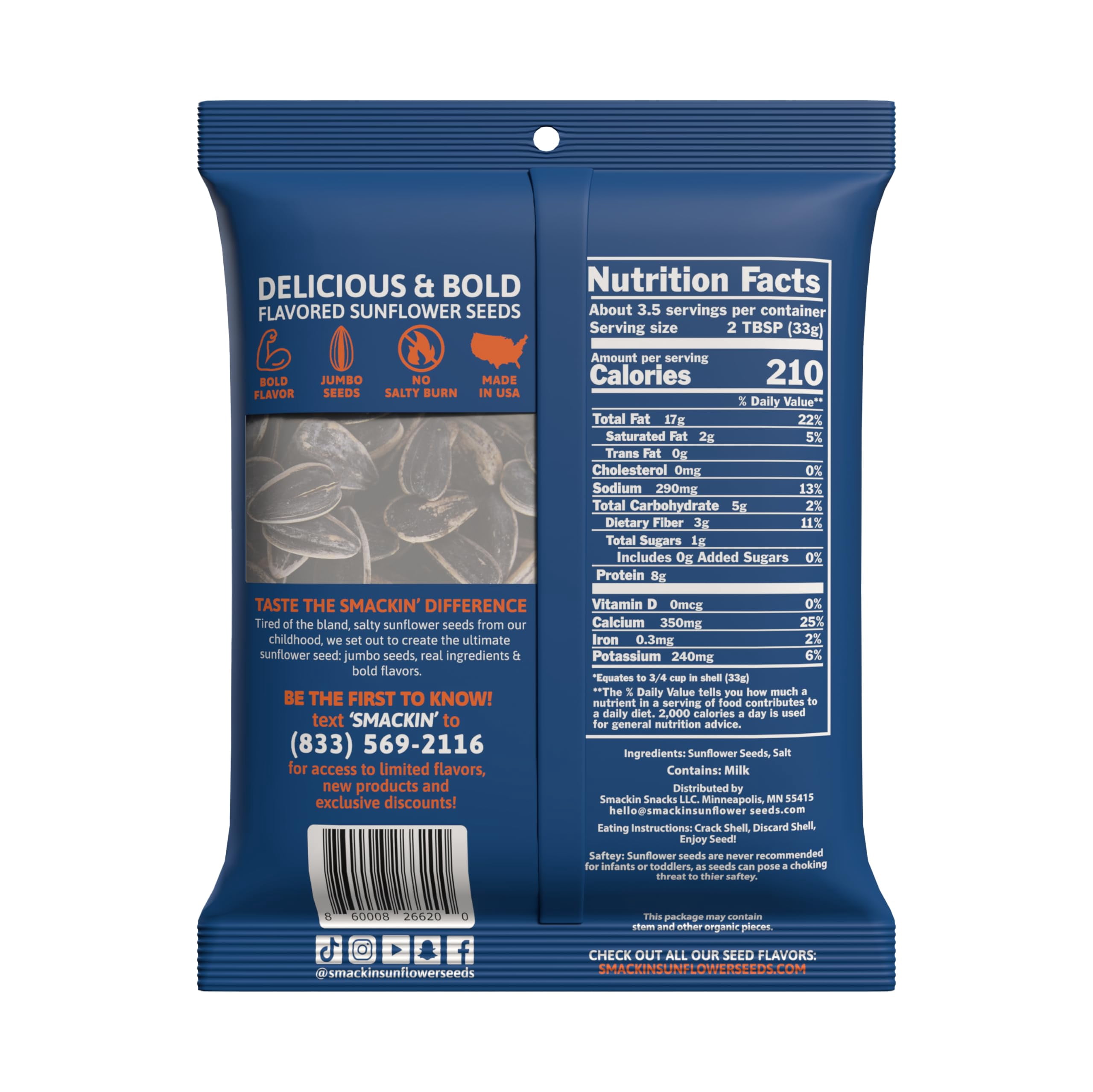 SMACKIN' - Jumbo Roasted Sunflower Seeds, No Salty Burn, American Made, Easy Pour & Seal - "OG" Original, 4oz bag (12 Bags)