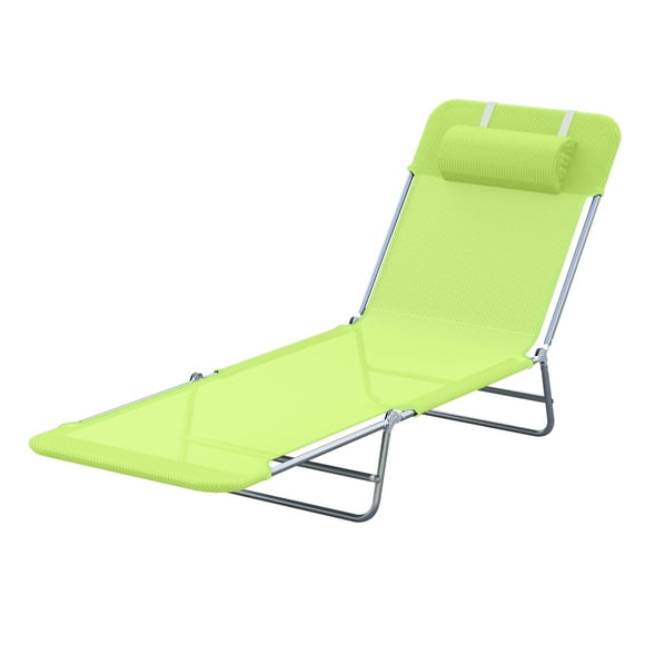 Outsunny Outdoor Lounge Chair, Portable Adjustable Reclining Seat Folding Chaise Lounge Patio Camping Beach Tanning Chair Bed with Pillow, Green