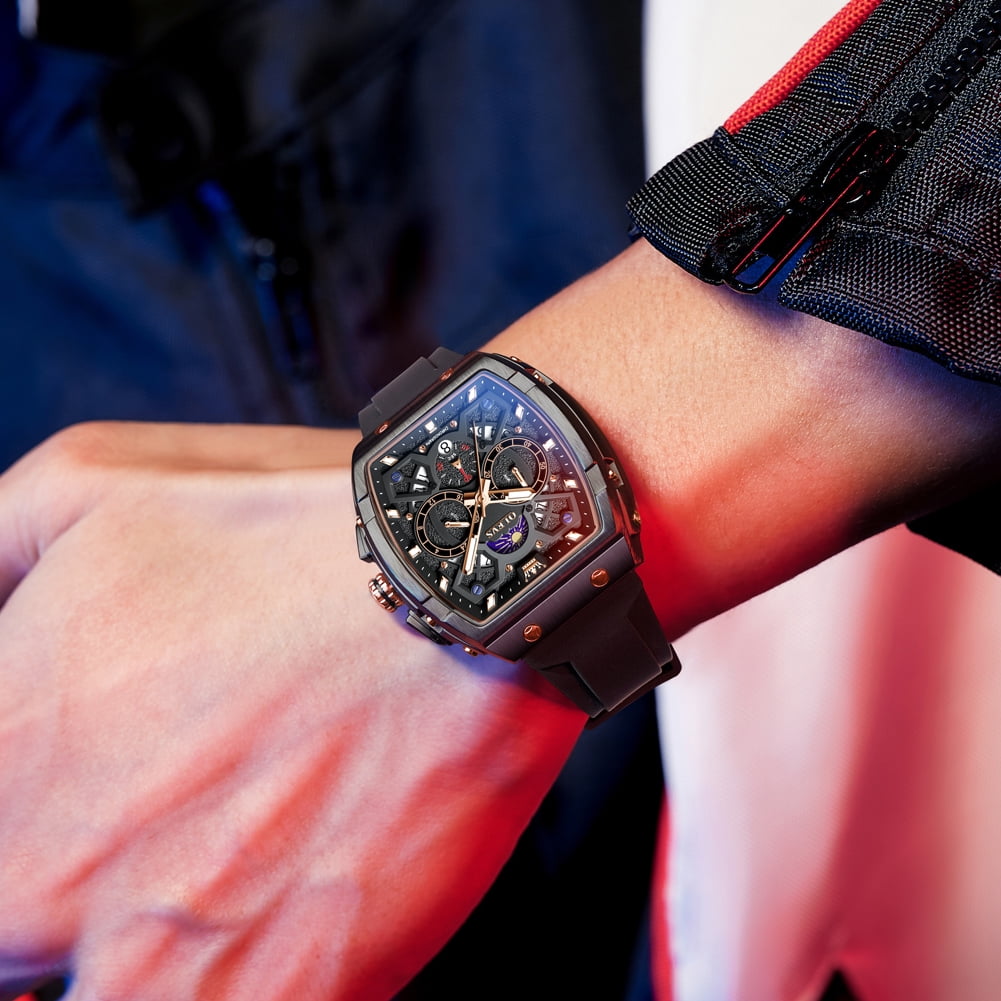OLEVS Watches for Men Chronograph Waterproof Luxury Dress Quartz Silicon Strap Multifunction Moon Phase Calendar Luminous Men Wrist Watches Reloj Para Hombre Black/Red