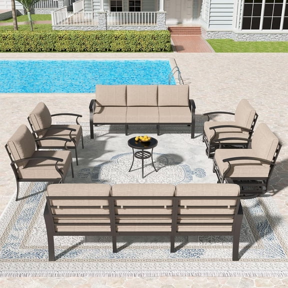 Gotland 7 Metal Stable Frame Outdoor Conversation Sets with Swivel Chairs and Sofas, Sand