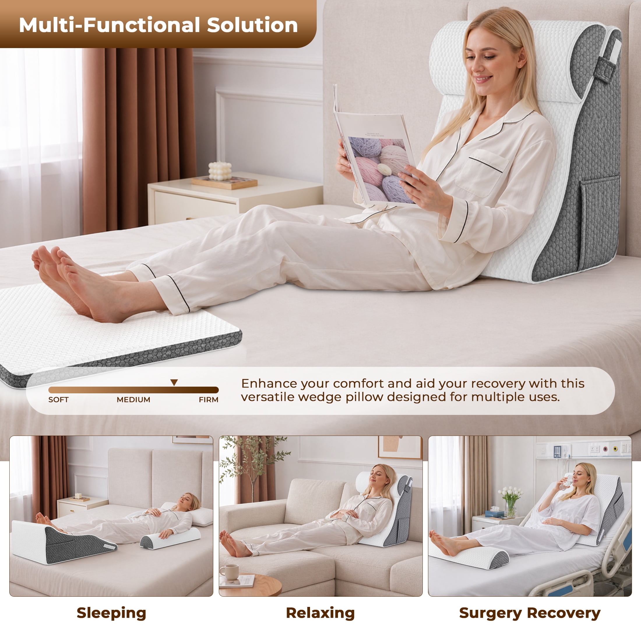 WANALIT Wedge Pillow for Sleeping Apnea, Bed Wedge Pillow for Headboard, Orthopedic Wedge Pillow Set for After Surgery Back Pain Relief, Acid Reflux Relief