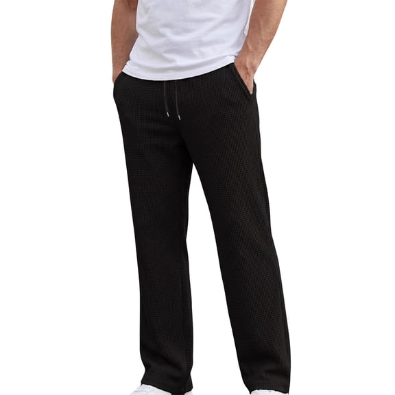 LWavelet Mens Waffle Knit Lounge Pants Elastic Waist Drawstring Casual Pants Black L