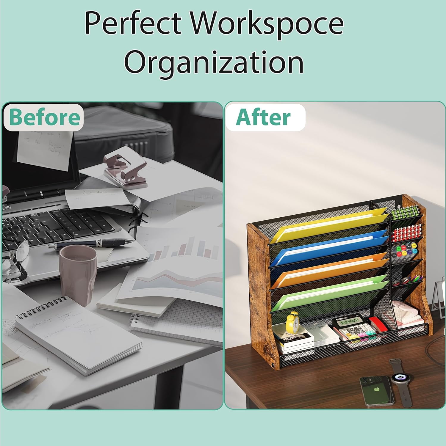 X-COSRACK 5-Tier Wall File Organizer, 2-in-1 Wood & Metal Hanging Folder Holder & Desktop Paper Sorter with Adjustable Dividers and Stable R-Shaped Base for Office & Home