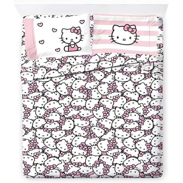 Hello Kitty Stripes & Hearts Queen Size Sheet Set Super Soft Piece Bedding Set Microfiber Sheets Include Reversible Pillow Covers