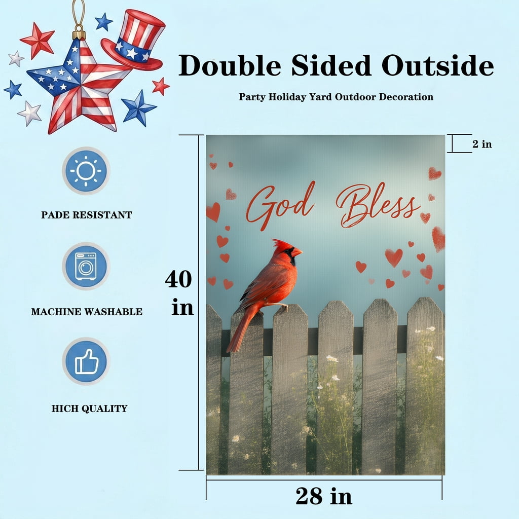 july 4th garden flag A red bird sitting on top of a wooden fence. God Bless 4th july decorations 28x40 Inch Large Format americana home decor
