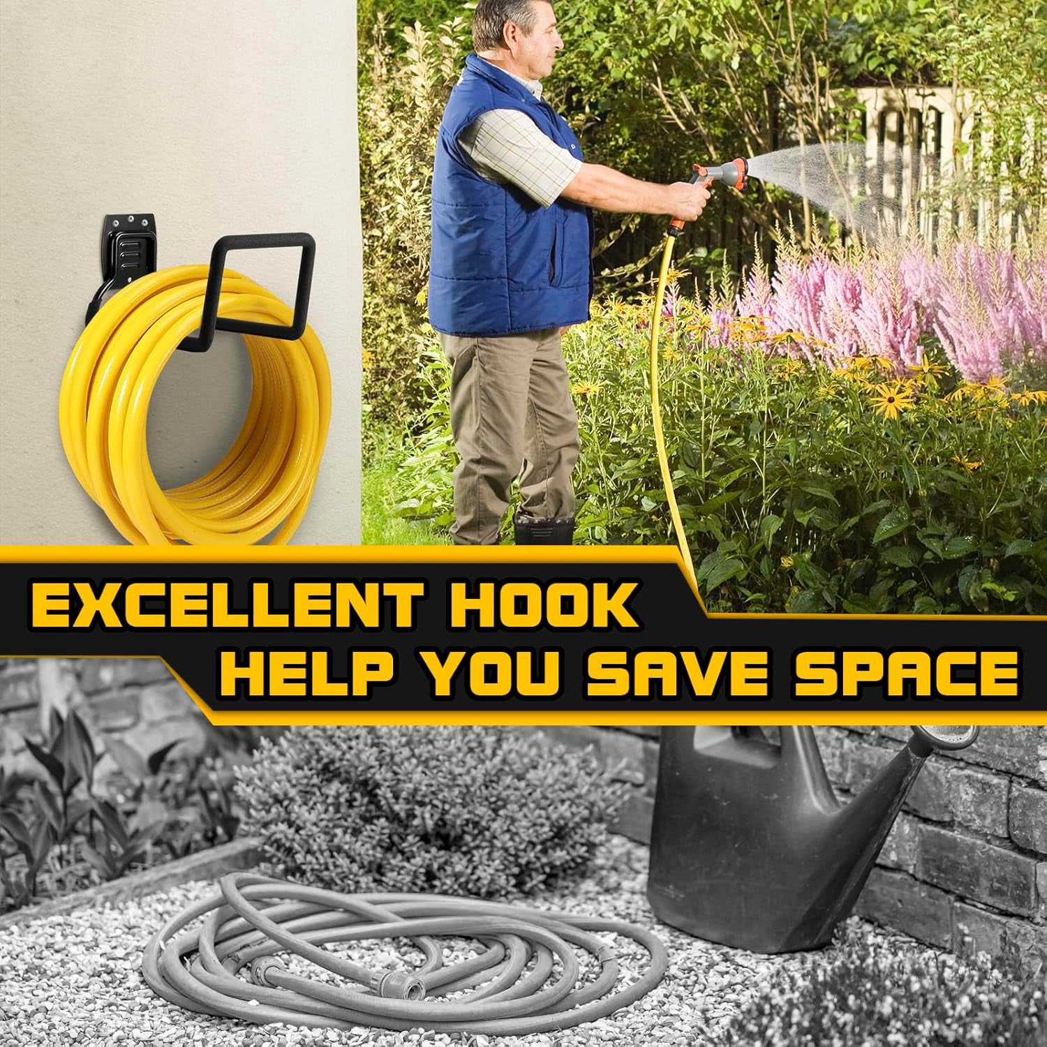 Garden Hose Holder, Metal Wall Mounted Water Hose Reel for Outside, Durable Hook Stand for Garden Hose Storage, Water Hose, Extension Cords, Flexable Hose Use (2Pack)